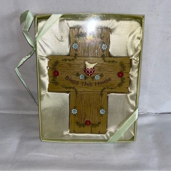 Russ Berrie I Believe Bless This House Decorative Cross 6in Floral Hearts Dove - Picture 2 of 8